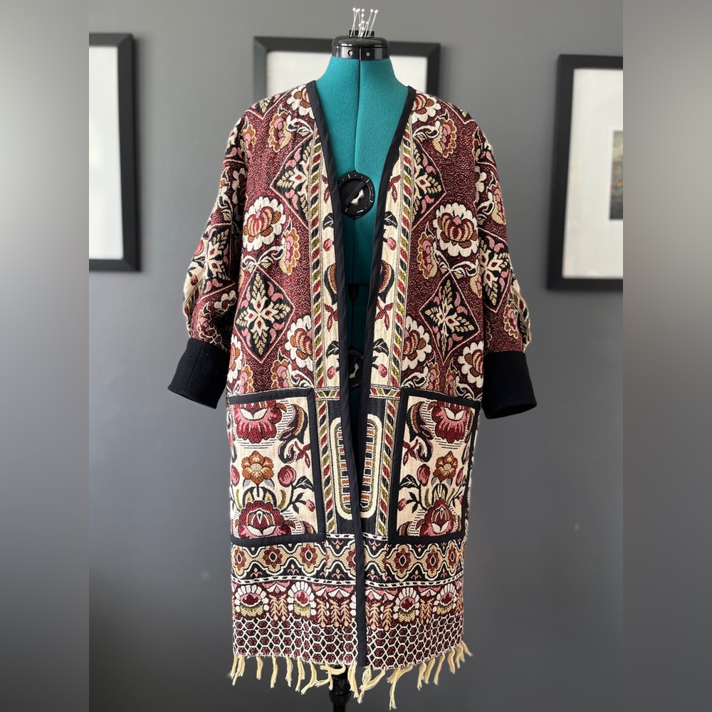 Reworked vintage tapestry duster cardigan with dramatic sleeves, ladies’ XS-M